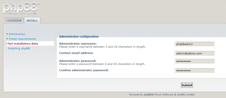 enter phpbb admin details