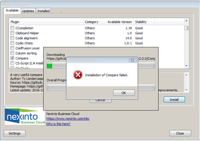compare plugin install failed using plugin manager