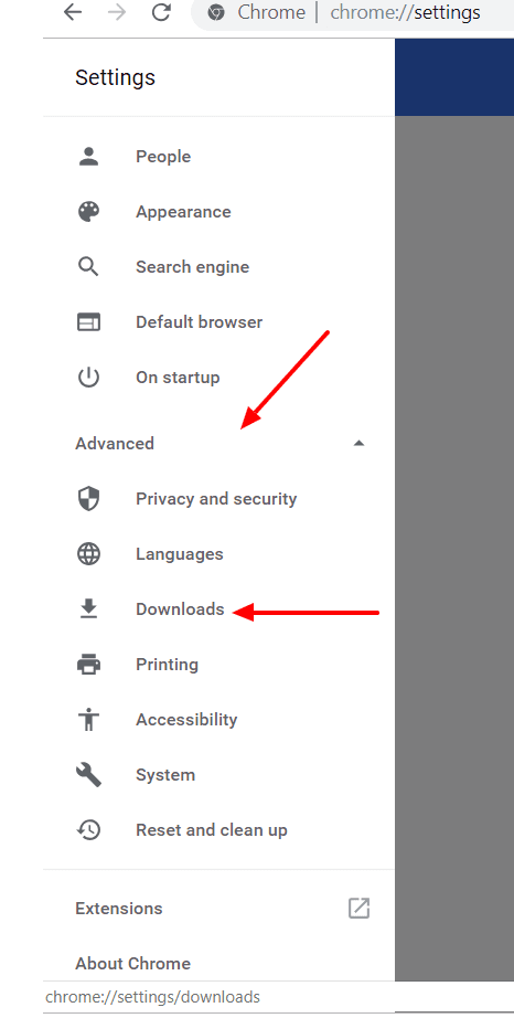 chrome advanced settings downloads