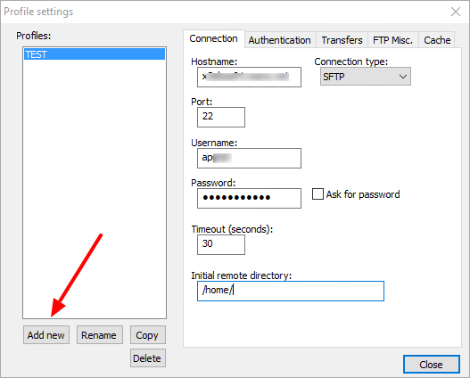 NppFTP create connection profile