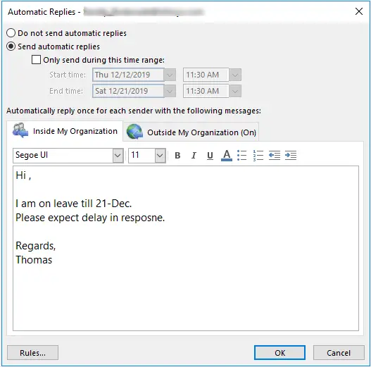 out of office in my organization