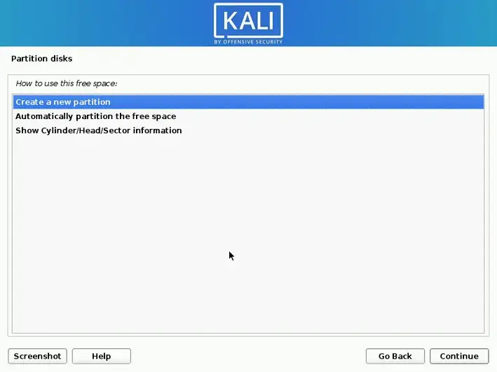 Creating the swap partition to install Kali