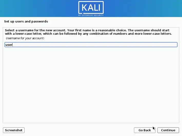 User account screen