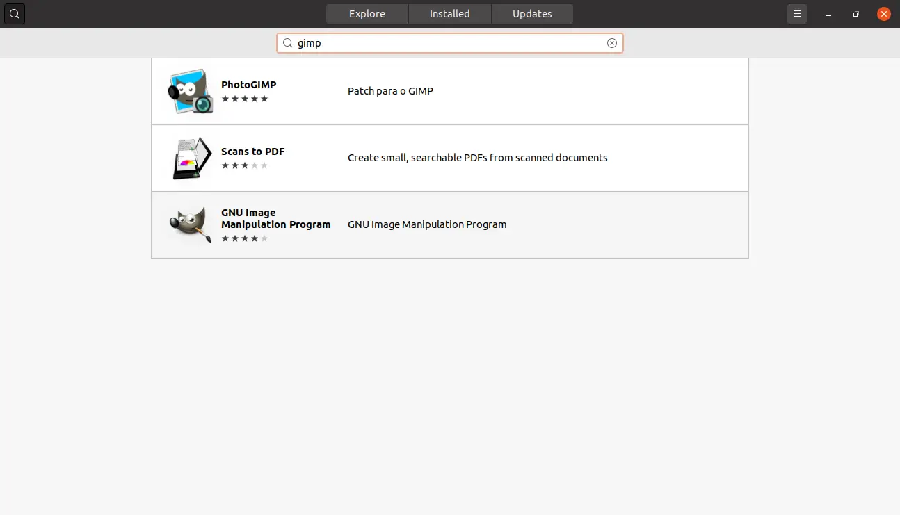 searching for GIMP on the Ubuntu Software center