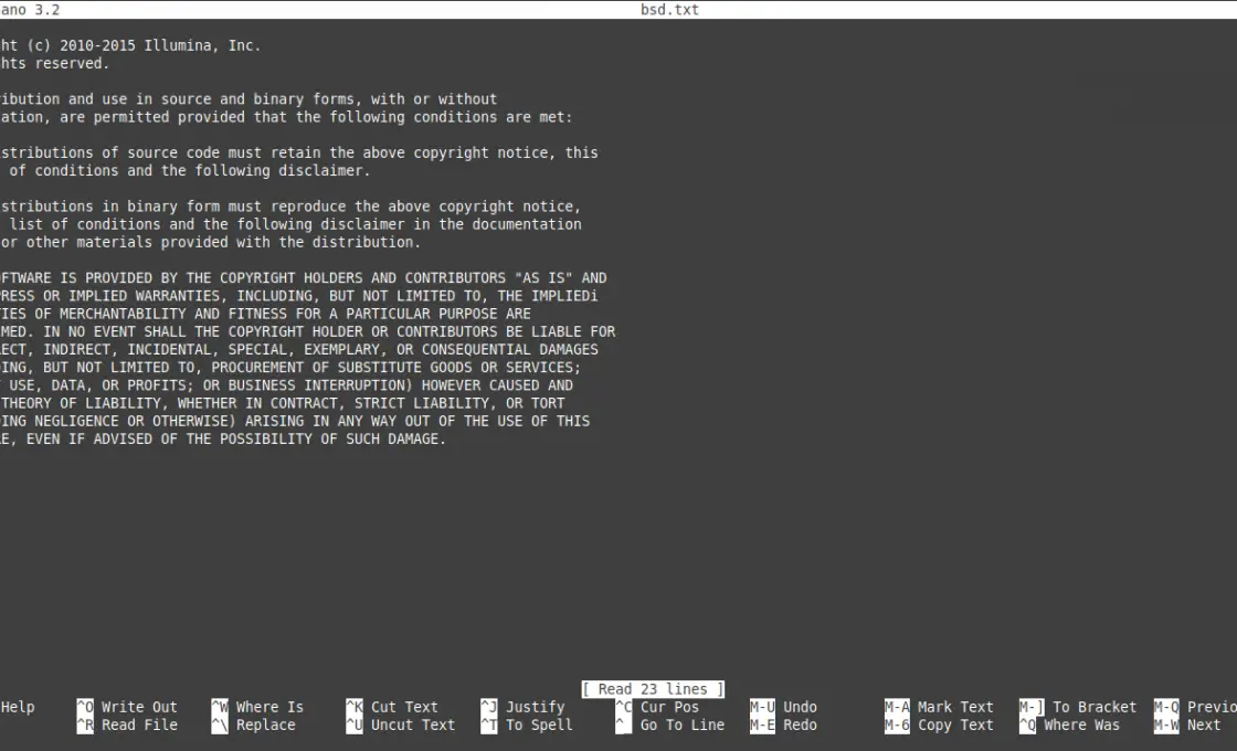 The Nano editor with existing file