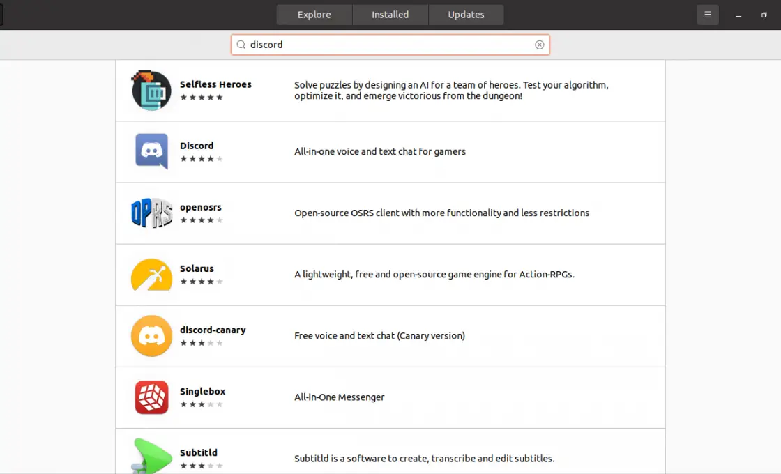 Searching for Discord on the Ubuntu Software Center