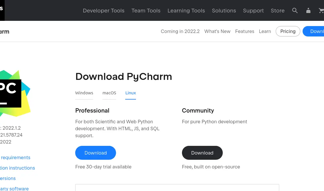 Download PyCharm from the website