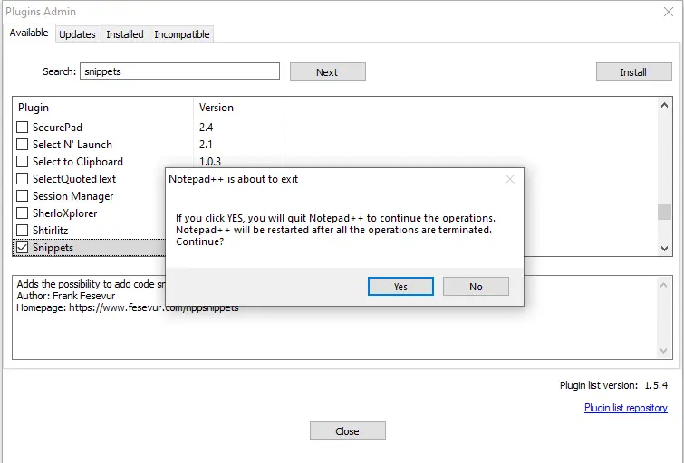 Confirm snippets plugin installation