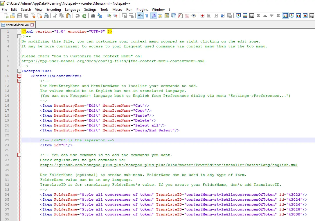 Notepad++ popup menu before customization